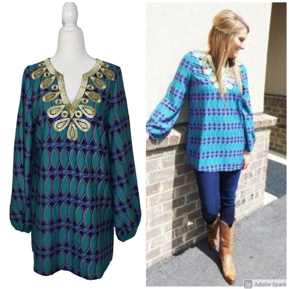 Mud Pie Women's Embroidered Tunic Size Small Flare Sleeve Cover Up Blouse Teal - Picture 3 of 13